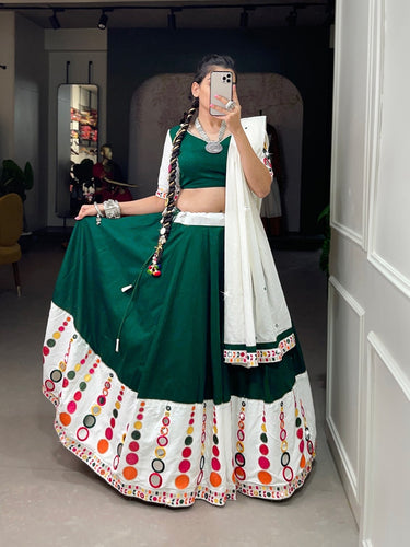 Traditional green mirror work pure cotton readymade Lehenga