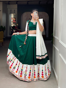 Traditional green mirror work pure cotton readymade Lehenga