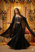 Black pre draped readymade saree with jacket