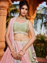 Pink chinnon multicoloured panelled Lehenga