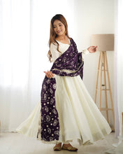 Silk off white gown with dark purple lace dupatta