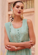 Sky blue georgette centre slit anarkali with pants