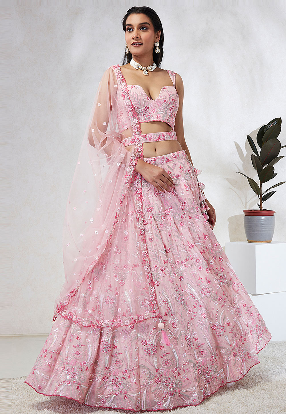 Pink and silver georgette Lehenga