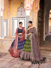 Tussar silk and ajrakh print Lehenga in navy blue