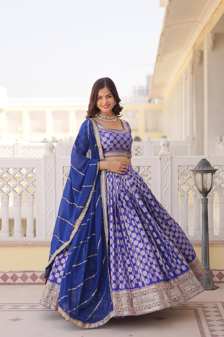 Partywear Lehenga - Royal blue viscose jacquard Lehenga