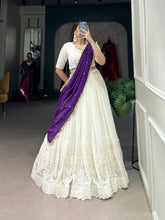 White lucknowi Lehenga with purple dupatta