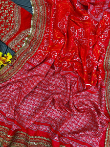 Red printed bandhani saree