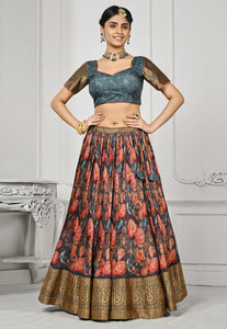 Teal bird and floral print silk timeless ethnic Lehenga