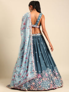 Blue chinon Lehenga with sky blue floral dupatta