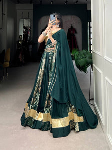 Rayon and Tussar silk gotta Patti plain and printed green readymade Lehenga