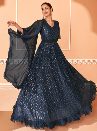 Janisha - chinnon blue sequin partywear anarkali