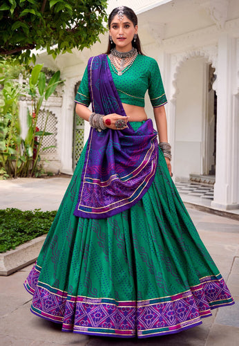 Tussar silk bandhej print Lehenga in green (skirt stitched)