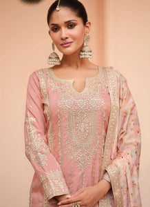 Baby pink silk floral salwaar kameez suit