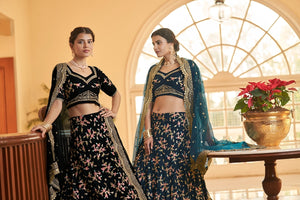 Chinon silk floral multi thread and sequin Lehenga in blue