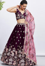 Wine floral embroidered Lehenga with floral dupatta