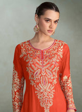 Orange and pink chinon embroidered palazzo suit