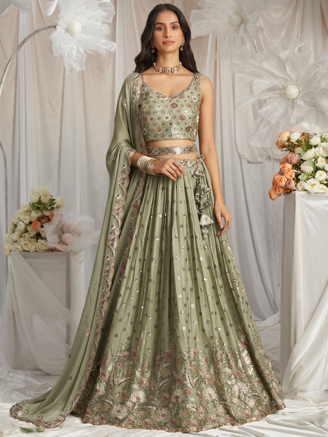 Sage green georgette thread and sequins Lehenga