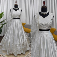 Silver satin silk thread work sequins Lehenga