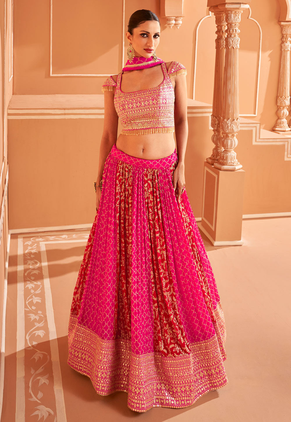 Janisha readymade - pink panelled chinon silk Lehenga