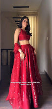 Red mirror work satin silk lehenga