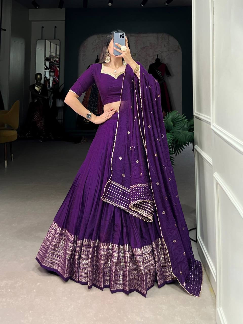 Chanderi silk plain Lehenga in dark purple (skirt stitched)