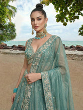 Turquoise chiffon zari embroidered lehenga