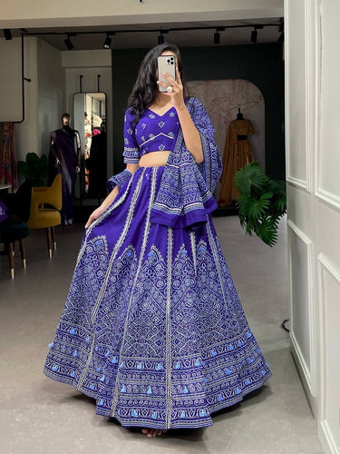 Navy blue printed silk bandhani print Lehenga
