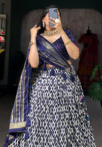 Tussar silk ikkat print Lehenga in navy blue (skirt stitched)
