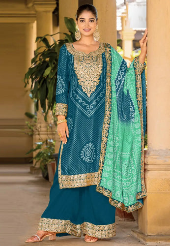 Teal chinon palazzo suit bandhani print (plus size too up to 48”) (gurudwara wedding)