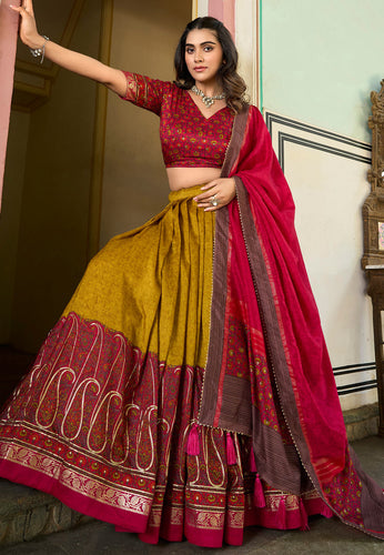 Tussar silk Lehenga with keri design in mustard