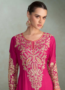 Pink and orange chinon embroidered palazzo suit