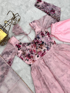Organza silk floral anarkali in baby pink