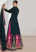 Embroidered chinon silk Lehenga in teal (long top)