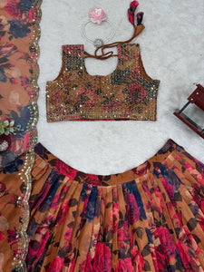 Floral shaded organza silk lehenga in brown