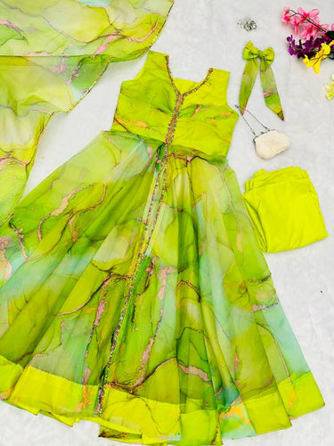 Abstract front slit with pants anarkali in green - readymade