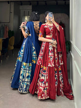 Rayon and printed silk Lehenga choli in navy blue - readymade