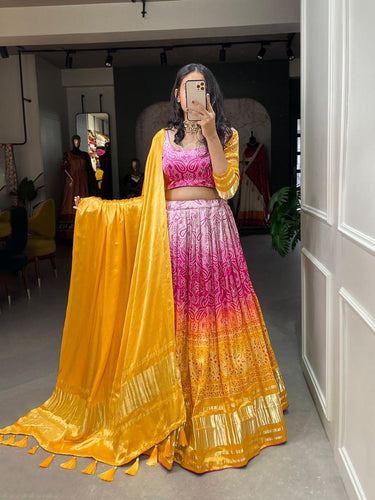 Yellow bandhani gaji silk Lehenga (skirt stitched)