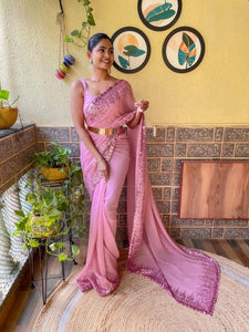 Ready to wear saree with cut work border and belt (one minute saree)