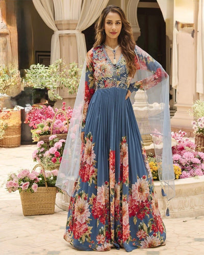 Steel blue floral anarkali