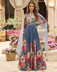 Steel blue floral anarkali