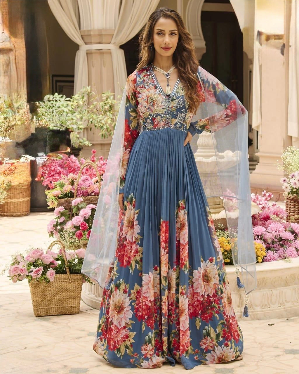 Steel blue floral anarkali