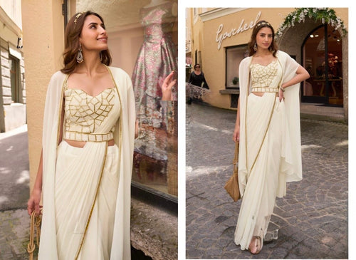 Elegant Ivory Drape Saree with Embellished Blouse & Cape
