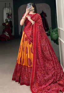 Tussar silk Lehenga bandhej print in mustard