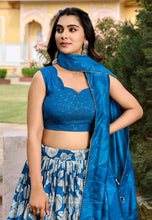 Tussar silk Lehenga in royal blue with white flowers