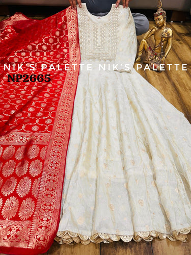 Niks collection - off white jacquard silk anarkali (plus size option)