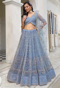 Kelaya collection - sky blue grey net Lehenga