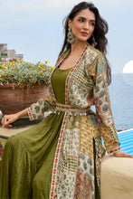 Olive green anarkali with multicolour jacket