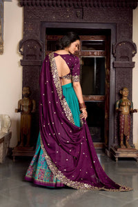 Tussar silk traditional Lehenga multi floral border in firozi (skirt stitched)