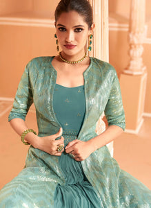 Janisha - chinnon embroidered sea green Lehenga choli with koti