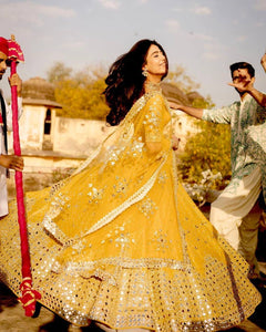 Yellow lightweight paper mirror work Lehenga